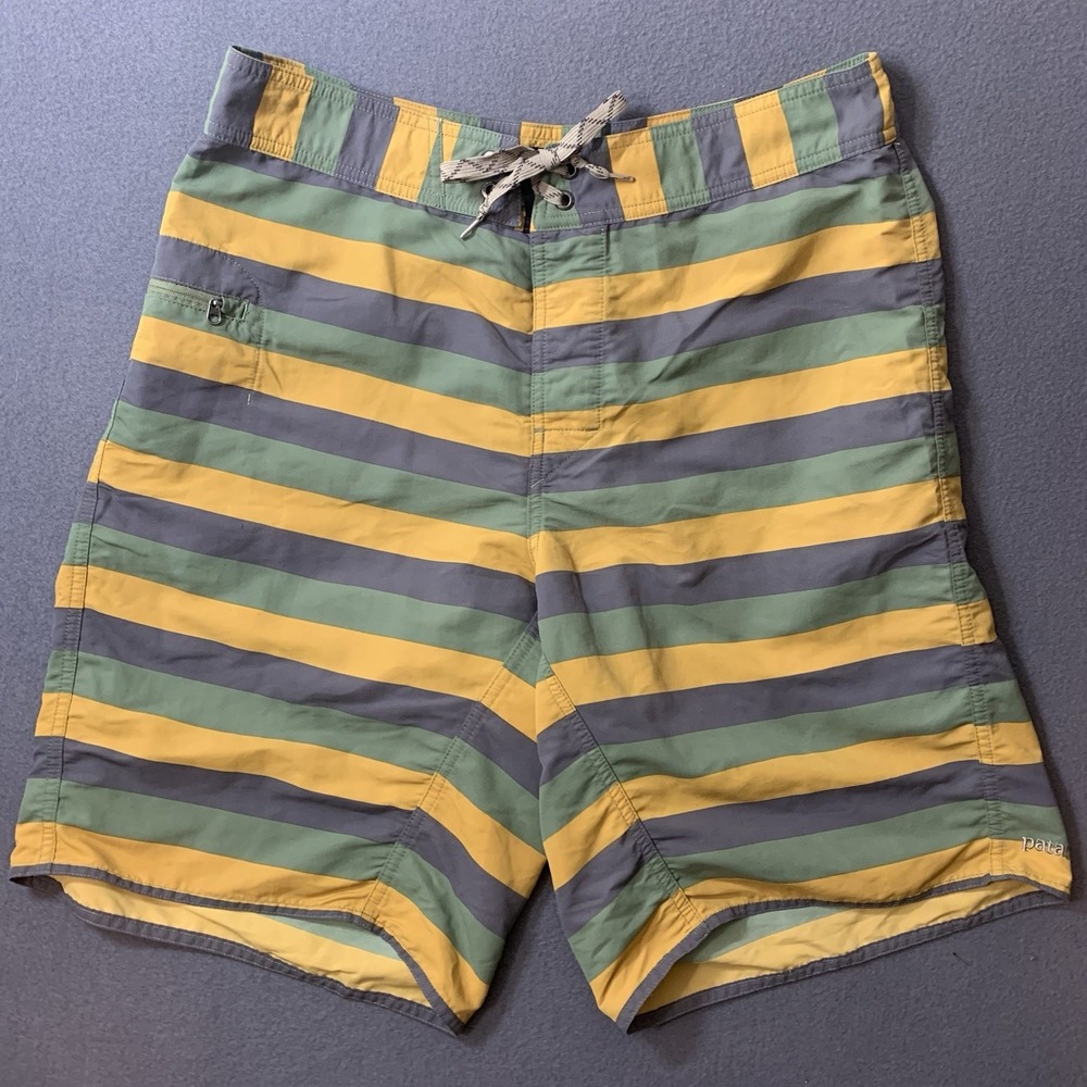 Patagonia Swim Shorts Mens 32 Yellow Green Striped Board Trunks Surf Beach